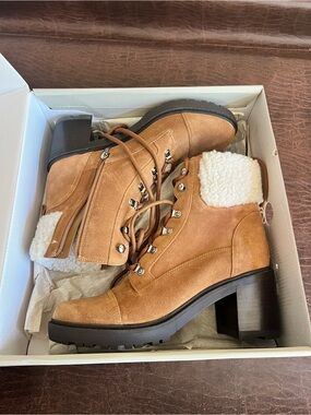 Marc Fisher Tan Suede Lace-Up Ankle Boots with Sherpa Collar